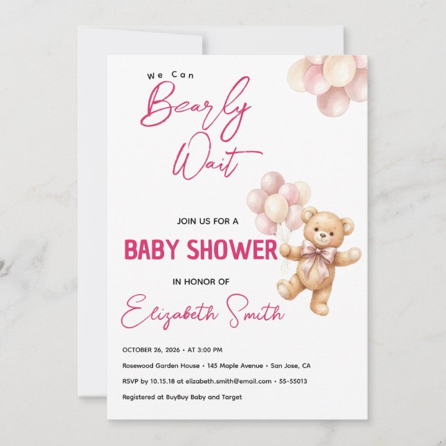 Convite Chá de Bebê do Ursinho Rosa Personalizado  (Frente)