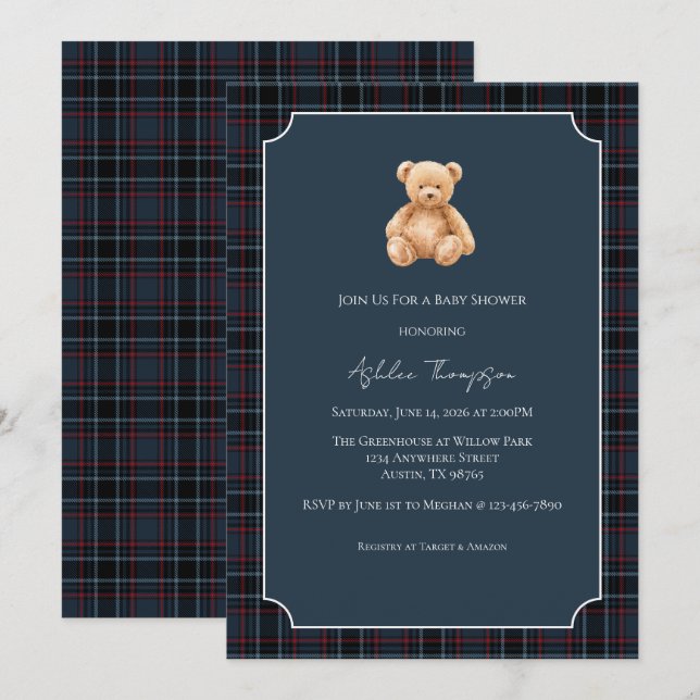 Convite Chá de Bebê do Ursinho Teddy Clássico Elegante (Frente/Verso)