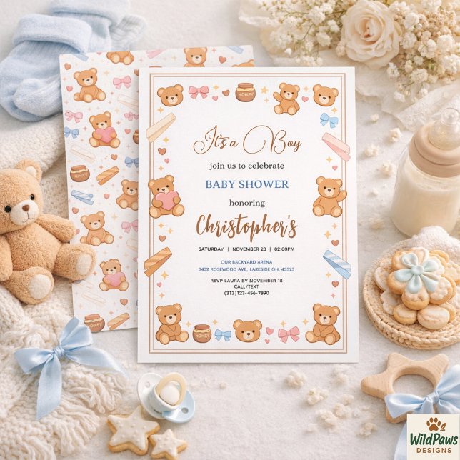Convite Chá de Bebê do Ursinho Teddy Menino | Urso Azul Fo (Teddy Bear Baby Shower Boy | Cute Blue Bear Invitation
)