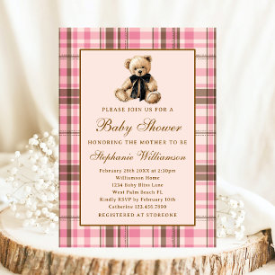 Convite Chá de Bebê do Ursinho Teddy Vintage Xadrez Rosa P