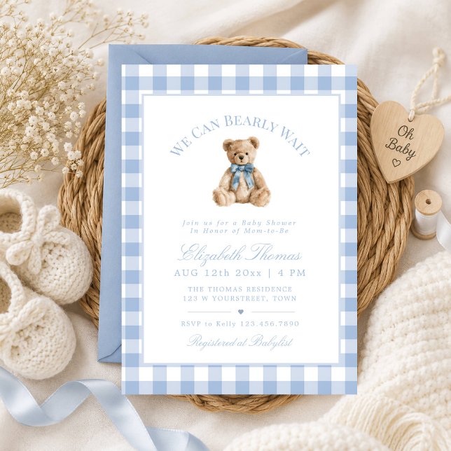 Convite Chá de Bebê do Ursinho Xadrez Azul Desbotado (Bear Gingham baby shower invite)