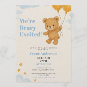 Convite Chá de Bebê do Urso Balões Dourados Aquarela Fofa