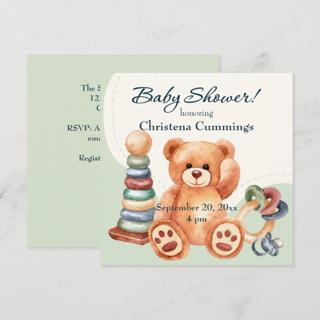 Convite Chá de Bebê do Urso Clássico e Brinquedos (Frente/Verso)
