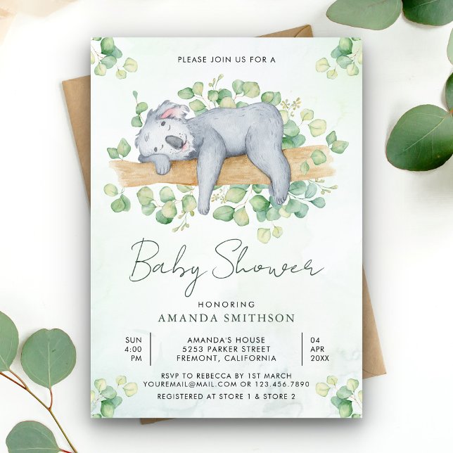 Convite Chá de Bebê do Urso Coala Adorável e Fofo Dormindo (Criador carregado)