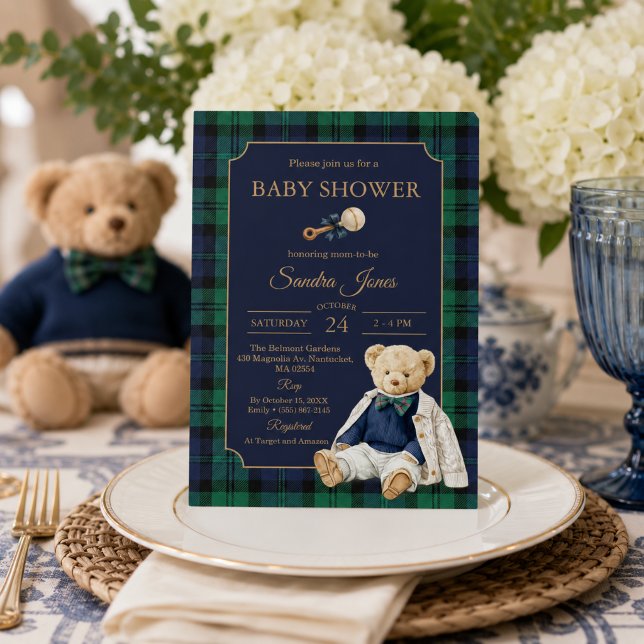 Convite Chá de Bebê do Urso de Pelúcia Elegante Polo Prepp (Elegant Preppy Polo Teddy Bear Baby shower Invitation)
