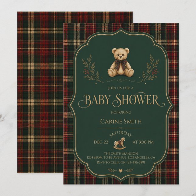 Convite Chá de Bebê do Urso de Pelúcia em Xadrez Rústico (Frente/Verso)