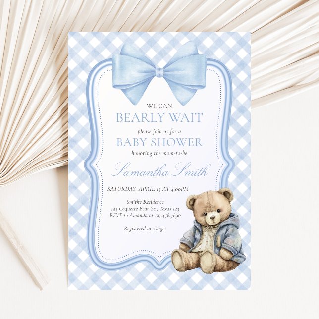 Convite Chá de Bebê do Urso Elegante Bearly Wait (Blue Bear Baby Shower Invitation)