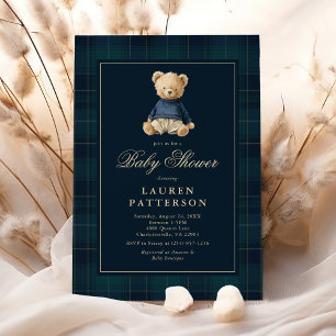 Convite Chá de Bebê do Urso Polo Xadrez Préppy