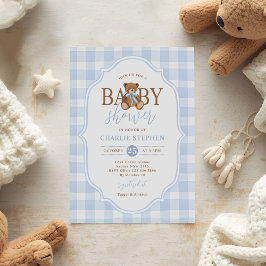 Convite Chá de Bebê do Urso Teddy Azul Xadrez Elegante
