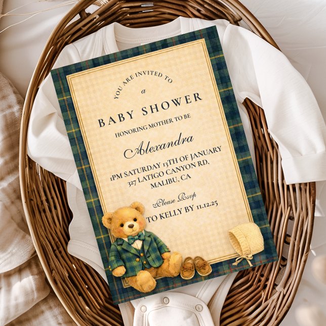 Convite Chá de Bebê do Urso Teddy Elegante e Clássico (Criador carregado)