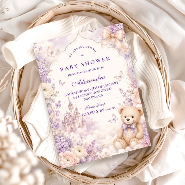 Convite Chá de Bebê do Urso Teddy Roxo Elegante (Criador carregado)