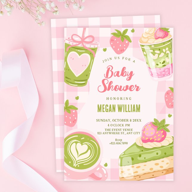 Convite Chá de bebê doce de morango matcha fofo (Criador carregado)