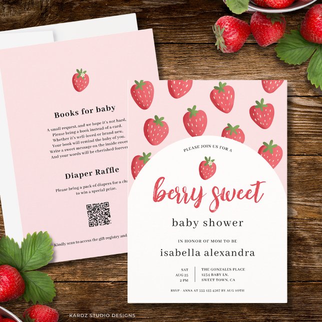 Convite Chá de Bebê Doce Morango Doce Fruta Rosa (The front and back of the invitation are shown in 5x7-inch size.Choose size, paper, and corner style)