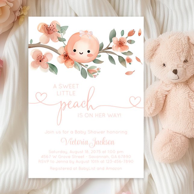 Convite Chá de Bebê Doce Pequeno Pêssego (Cute little peach baby shower invitation with adorable baby girl peach and peach branch.)