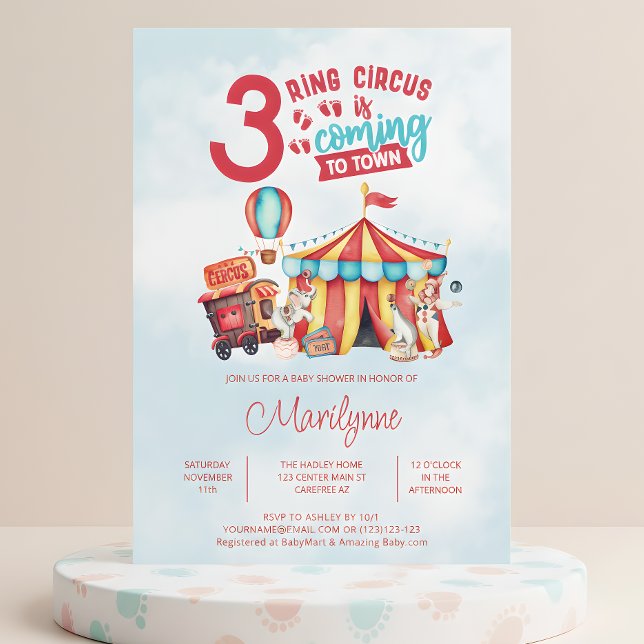 Convite Chá de Bebê dos Trigêmeos do Circo Carnaval (Criador carregado)
