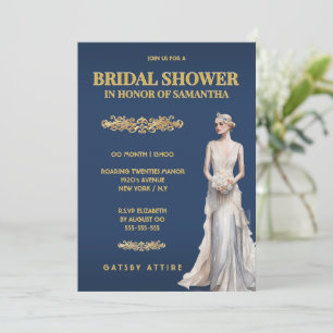 Convite Chá de Bebê Dourado Azul Gatsby Elegante