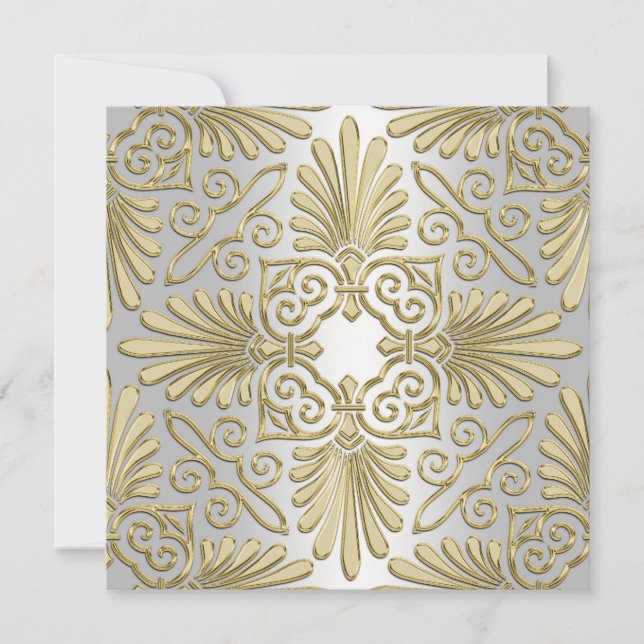 Convite Chá de Bebê Dourado Branco Art Déco Damasko (Frente)