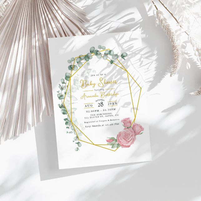 Convite Chá de Bebê Dourado Geométrico Eucalipto e Rosas R (Gold Geometric Eucalyptus & Pink Roses Baby Shower Invitation)