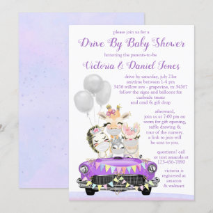 Convite Chá de Bebê Drive By Purple Animais Fofos no Carro