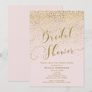 Convite Chá de Bebê É Uma Menina Rosa Bege e Dourado Confe