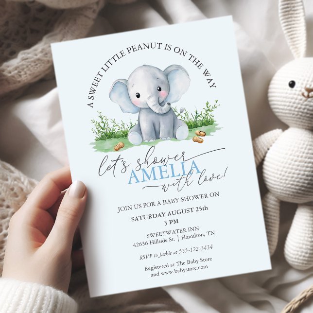 Convite Chá de Bebê Elefante Amendoim Doce Menino (Sweet Little Peanut Elephant Baby Boy Shower Invitation)