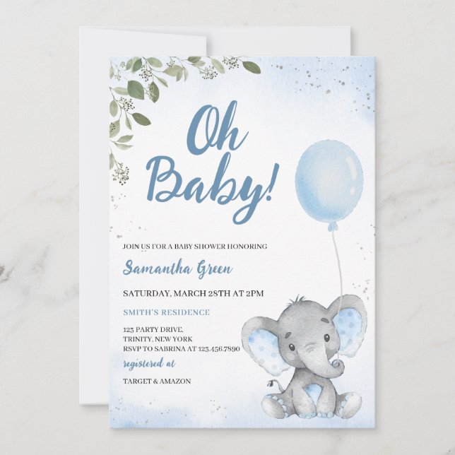 Convite Chá de Bebê Elefante Azul (Frente)