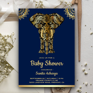 Convite Chá de Bebê Elefante Azul Dourado Indiano