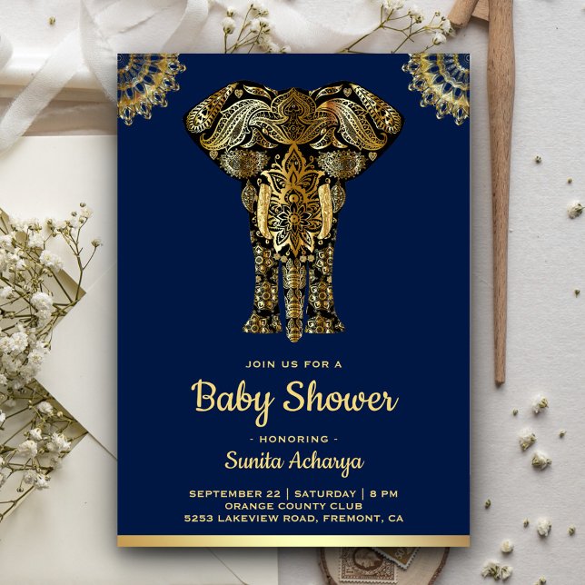 Convite Chá de Bebê Elefante Azul Dourado Indiano (Criador carregado)