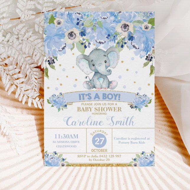 Convite Chá de Bebê Elefante Azul Floral Bebê Menino (Criador carregado)