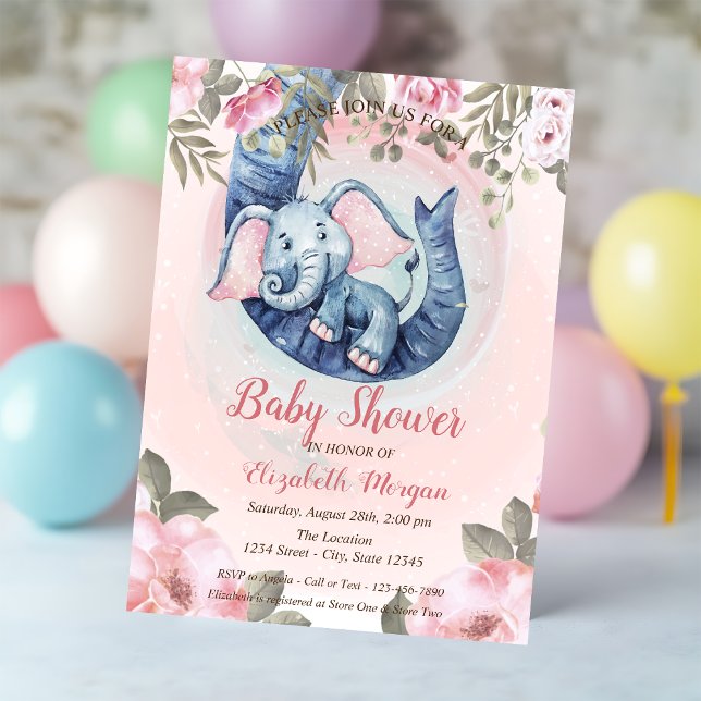 Convite Chá de Bebê Elefante Bebê Fofo Flores Pontos Rosa (Criador carregado)