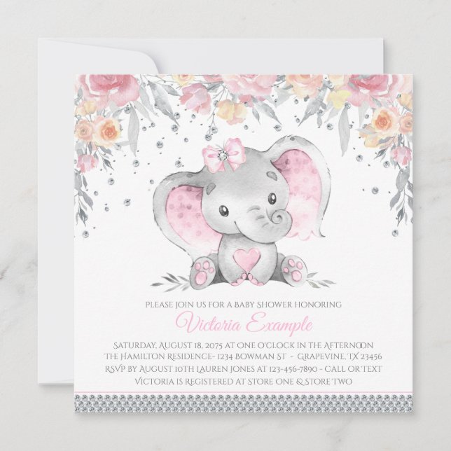 Convite Chá de Bebê Elefante Cinza Rosa Diamante Floral (Frente)