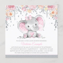 Convite Chá de Bebê Elefante Cinza Rosa Diamante Floral