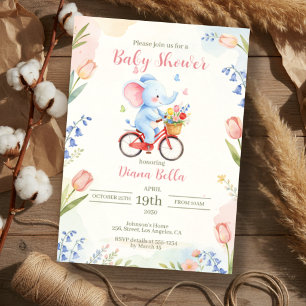 Convite Chá de Bebê Elefante de Bicicleta Floral