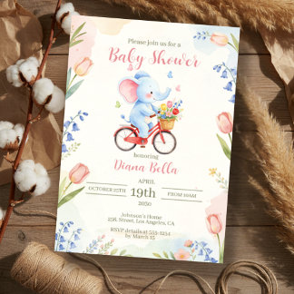 Convite Chá de Bebê Elefante de Bicicleta Floral