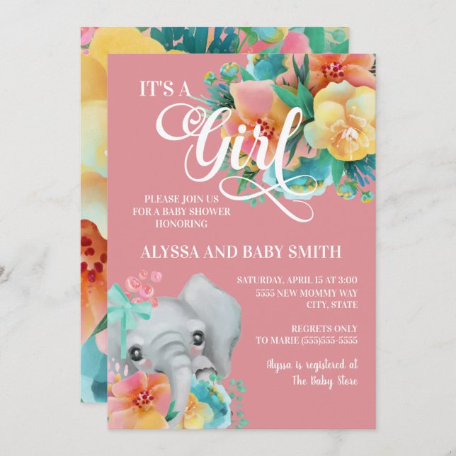 Convite Chá de Bebê Elefante Floral Amarelo-Rosa (Frente/Verso)