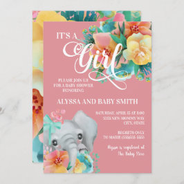 Convite Chá de Bebê Elefante Floral Amarelo-Rosa