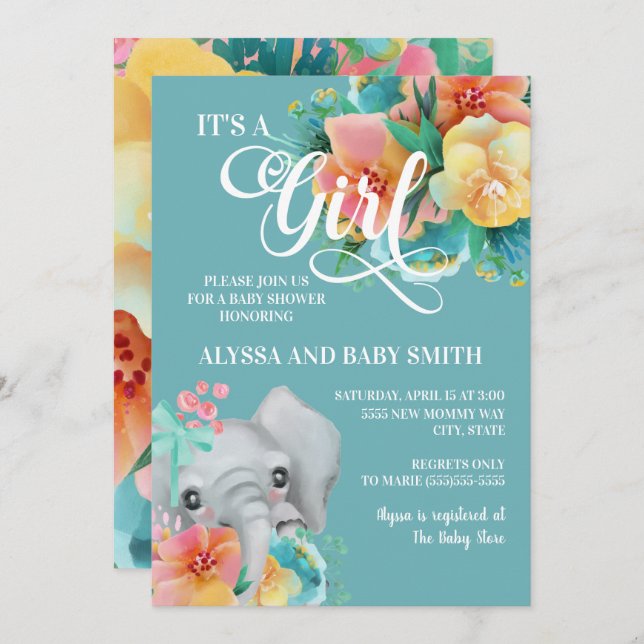 Convite Chá de Bebê Elefante Floral Amarelo-Teto (Frente/Verso)