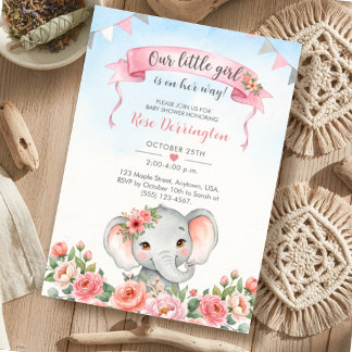 Convite Chá de Bebê Elefante Floral Nossa Pequena Menina