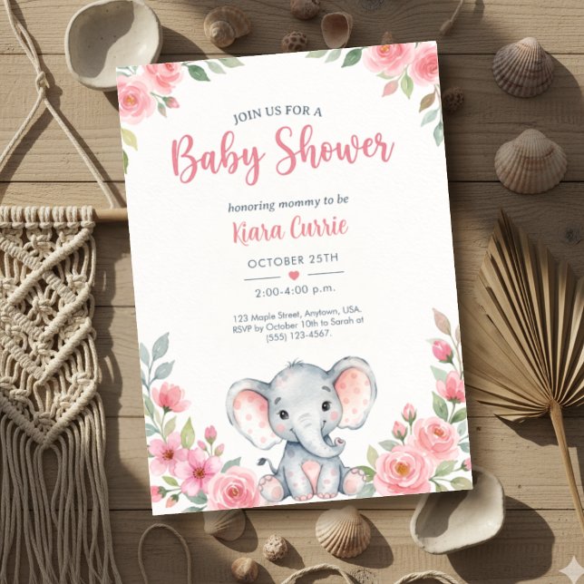 Convite Chá de Bebê Elefante Floral Rosa Bebe Menina (Criador carregado)