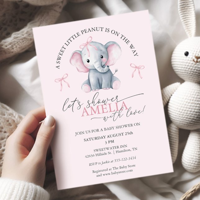 Convite Chá de Bebê Elefante Menina Doce Amendoim (Sweet Little Peanut Elephant Baby Girl Shower Invitation)