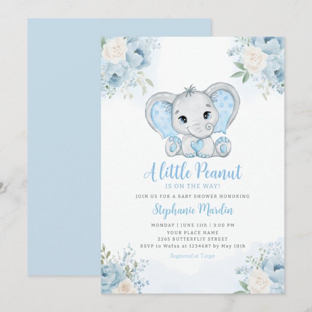 Convite Chá de Bebê Elefante Menino Aquarela Boho Azul (Frente/Verso)