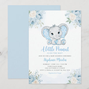 Convite Chá de Bebê Elefante Menino Aquarela Boho Azul
