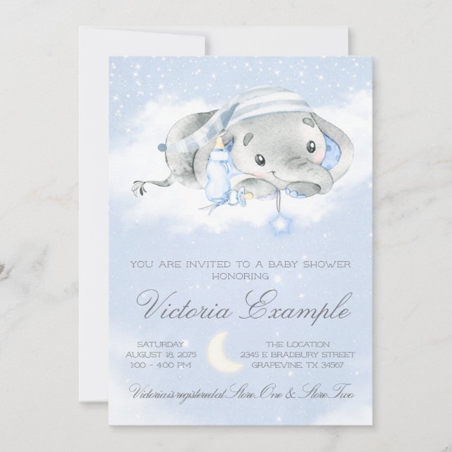 Convite Chá de Bebê Elefante Menino Hora de Dormir (Frente)