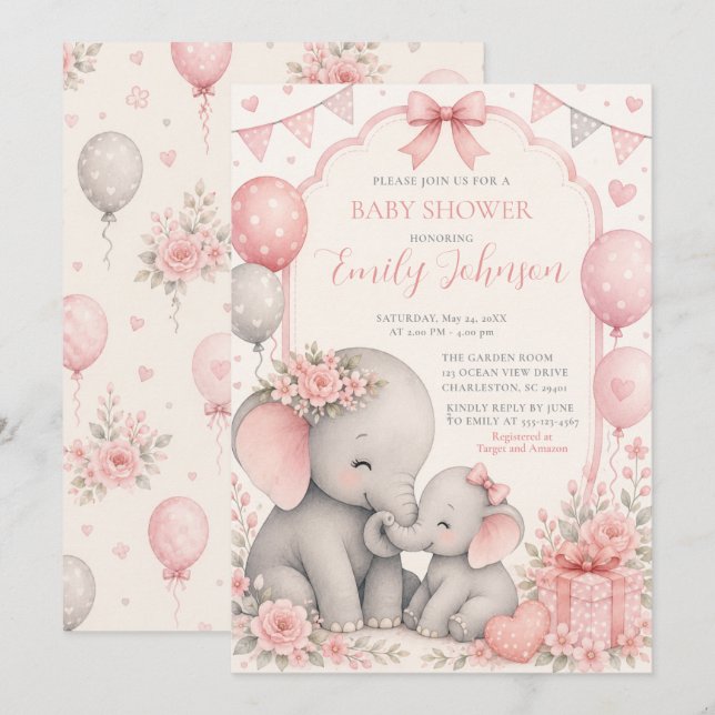Convite Chá de Bebê Elefante Rosa (Frente/Verso)