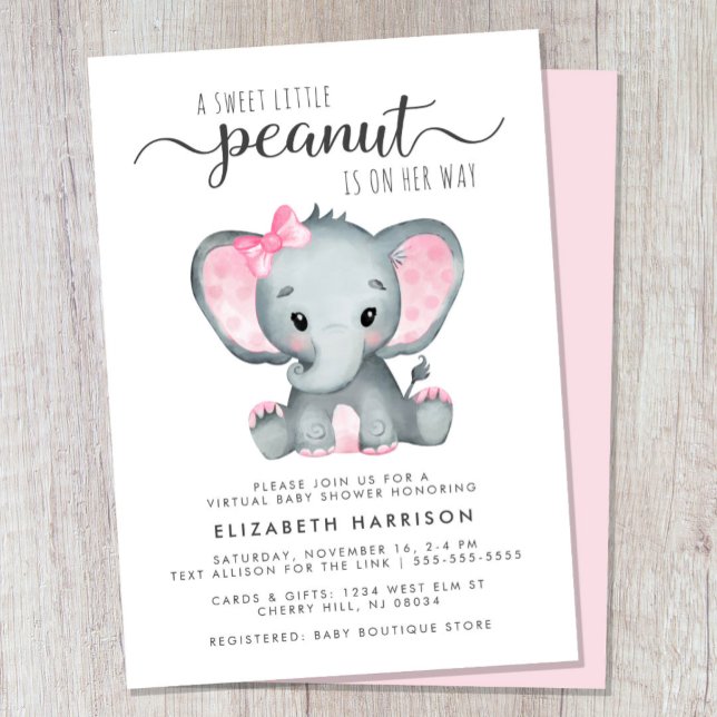 Convite Chá de Bebê Elefante Rosa Virtual (Cute girl virtual baby shower invitation)