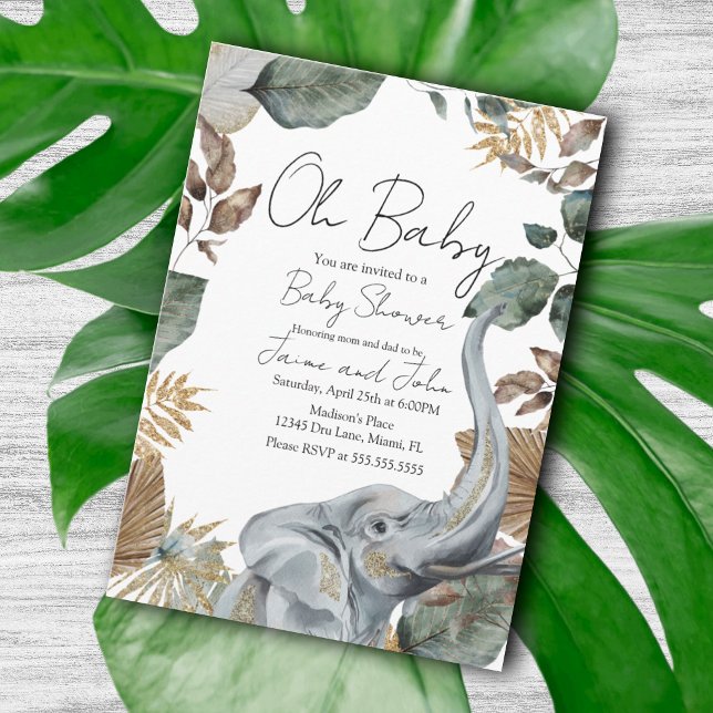 Convite Chá de Bebê Elefante Selva Selvagem Detalhes (Criador carregado)