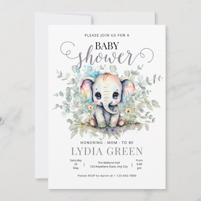 Convite Chá de Bebê Elefante verde menino chá de bebê (Frente)