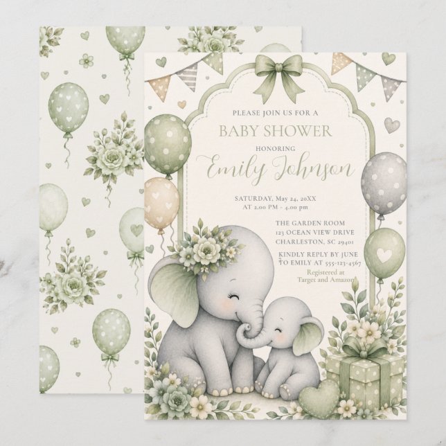 Convite Chá de Bebê Elefante Verde Sage (Frente/Verso)
