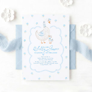 Convite Chá de Bebê Elegante Azul Pastel Menino Ganso Bobo