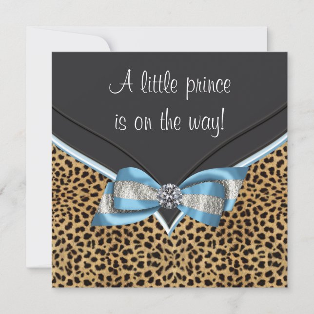 Convite Chá de Bebê Elegante Bebê Azul Leopardo Príncipe (Frente)